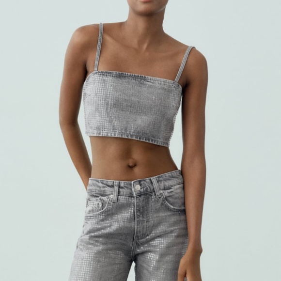 Zara light grey shiny denim crop foil sequin top made in Europe NWT - Picture 1 of 11